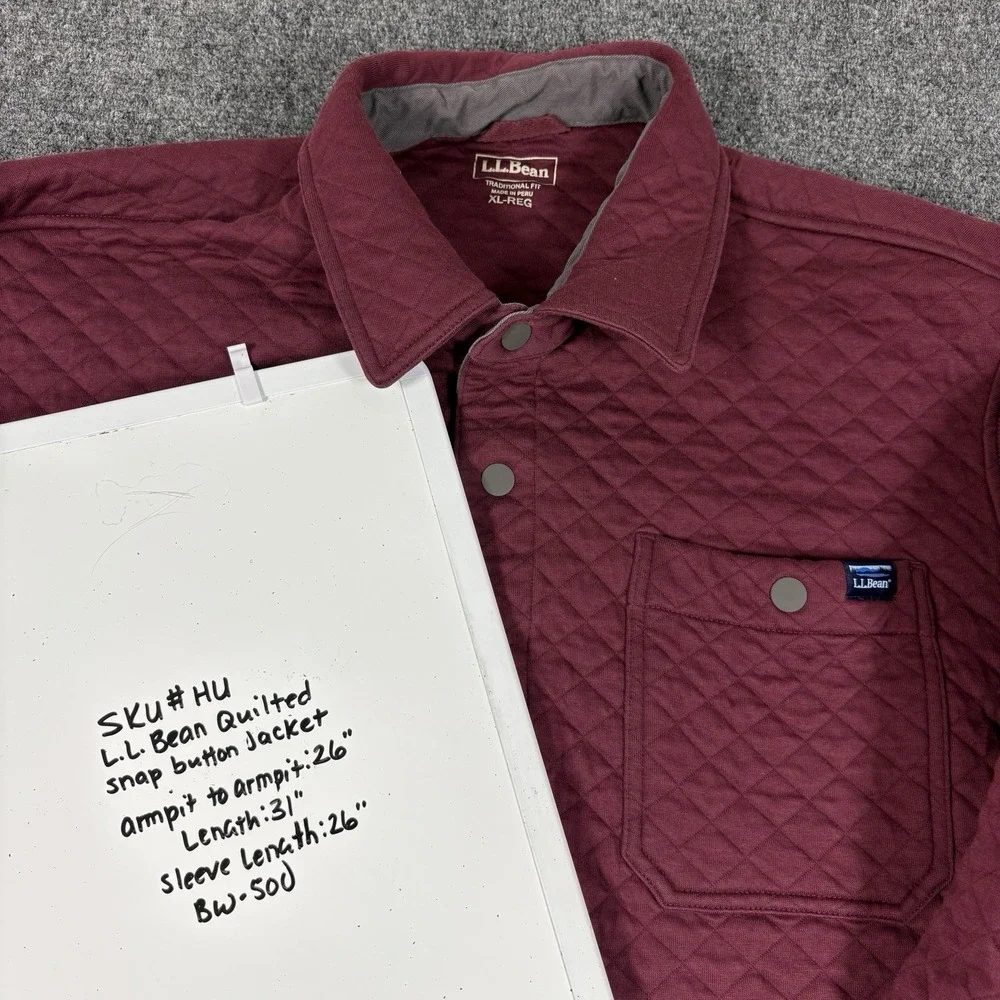 LL Bean Mens XL Traditional Fit Quilted Sweatshirt Snap Overshirt Shacket Maroon